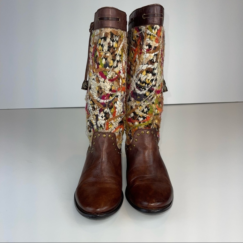 Spring Step Tapestry Woven Mid Calf Boho Western Boot Brown Leather - Picture 4 of 17